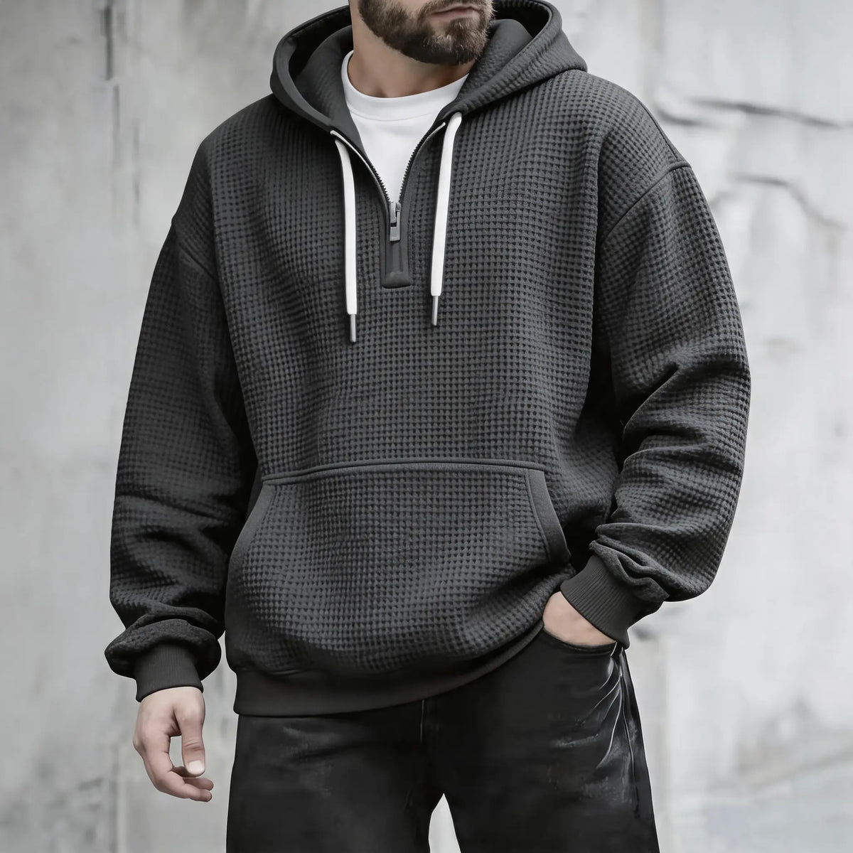 🍟Men’s Waffle Knit Half Zip Hoodie Oversized Pullover, Kangaroo Pocket