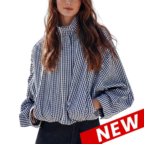 Women's Gingham Plaid Cropped Zip Jacket