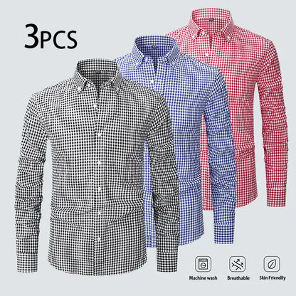 👻Men's Plaid Long Sleeve Button Shirt 3PCS