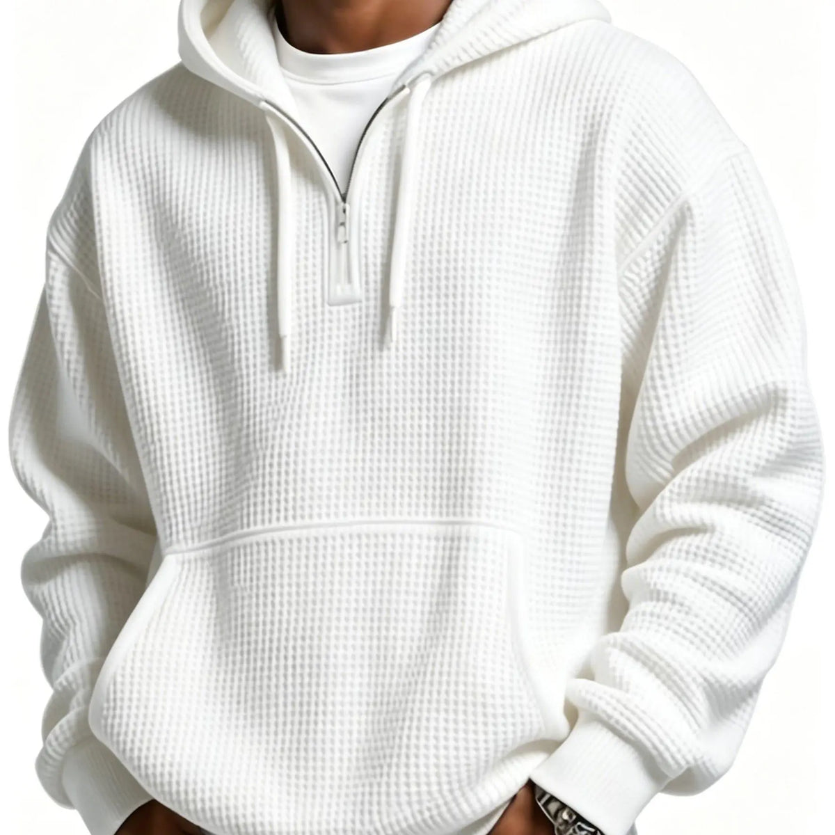 🍟Men’s Waffle Knit Half Zip Hoodie Oversized Pullover, Kangaroo Pocket