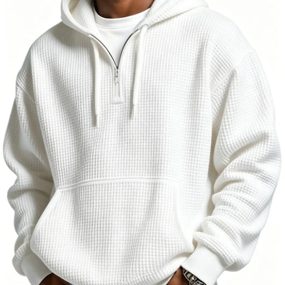 🍟Men’s Waffle Knit Half Zip Hoodie Oversized Pullover, Kangaroo Pocket