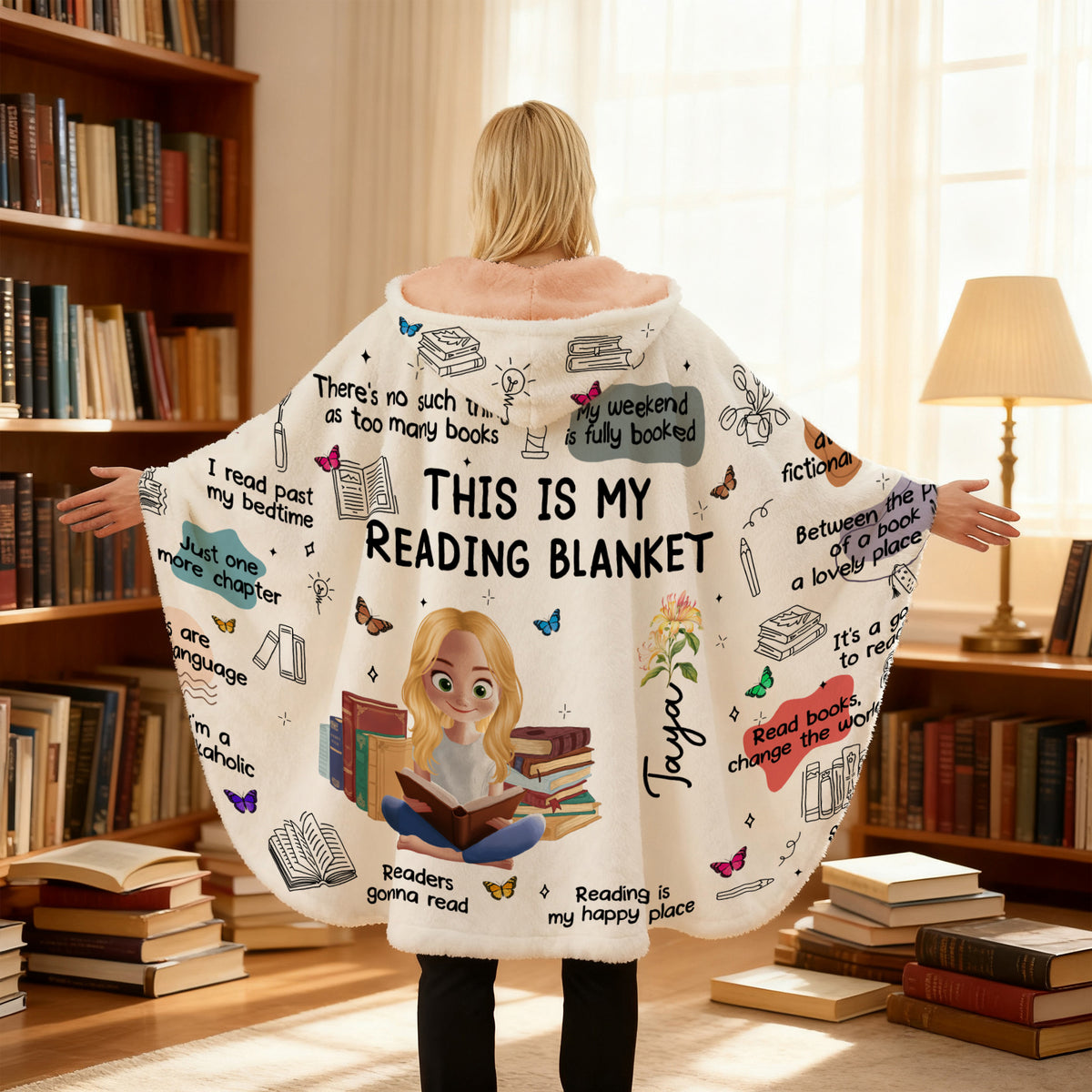Personalized Book Lovers Blanket with Name & Birth Flower, Books Quotes Blanket Hoodie, Birthday/Christmas Gift for Bookworm/Book Lovers/Friends