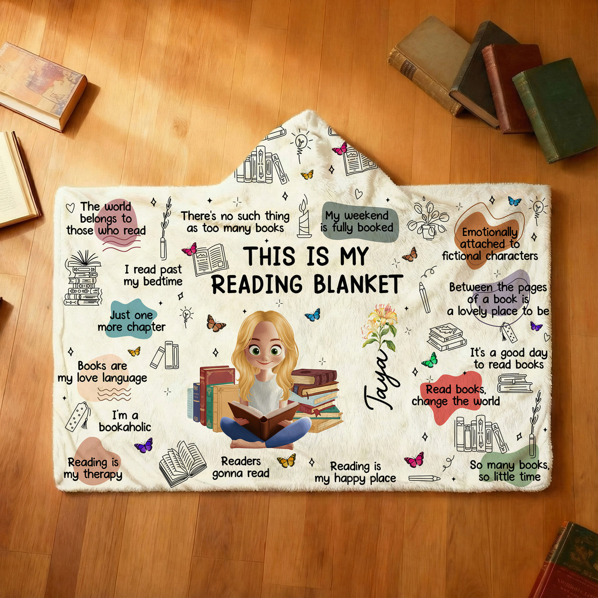 Personalized Book Lovers Blanket with Name & Birth Flower, Books Quotes Blanket Hoodie, Birthday/Christmas Gift for Bookworm/Book Lovers/Friends