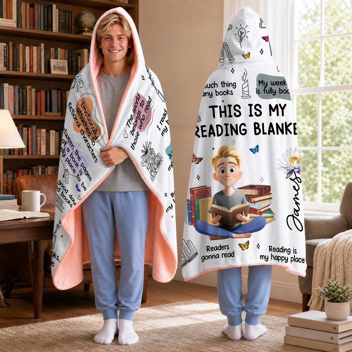 Personalized Book Lovers Blanket with Name & Birth Flower, Books Quotes Blanket Hoodie, Birthday/Christmas Gift for Bookworm/Book Lovers/Friends