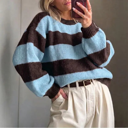 🍟Retro Color Block Stripe Sweater, Oversized Knit Top