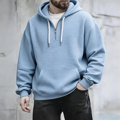 🍟Men’s Waffle Knit Half Zip Hoodie Oversized Pullover, Kangaroo Pocket