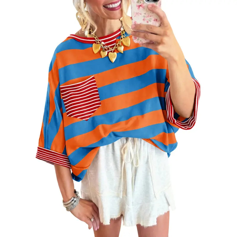 🍟Women's Cotton Striped Oversize Pocket Top