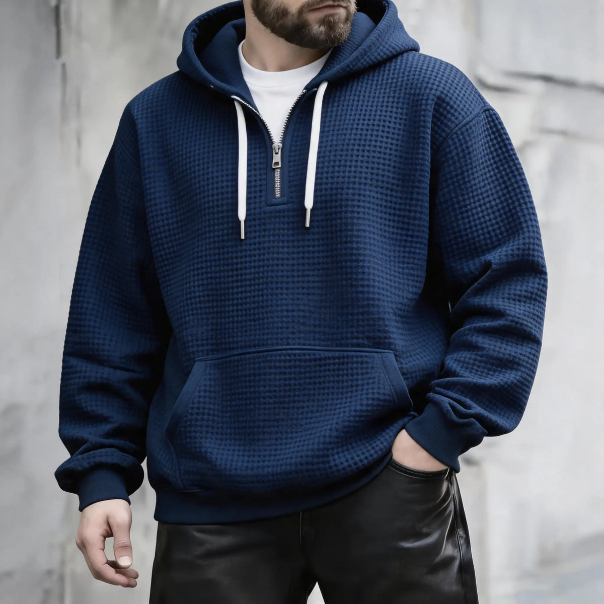 🍟Men’s Waffle Knit Half Zip Hoodie Oversized Pullover, Kangaroo Pocket