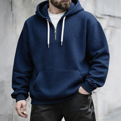 🍟Men’s Waffle Knit Half Zip Hoodie Oversized Pullover, Kangaroo Pocket