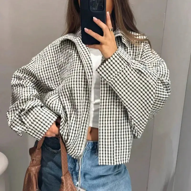 Women's Gingham Plaid Cropped Zip Jacket