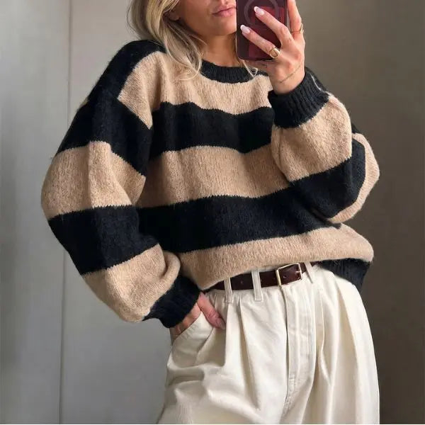 🍟Retro Color Block Stripe Sweater, Oversized Knit Top