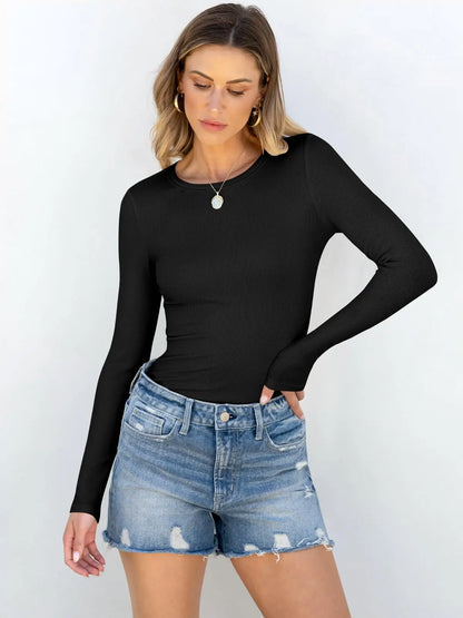 Women Slim Fit Long Sleeve Crewneck Rib Knit T-Shirt Black