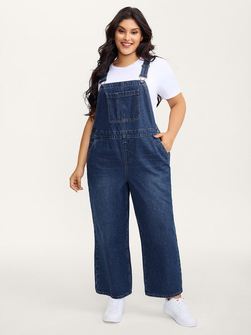 🍟Cotton Relaxed-Fit Side Button Overall Denim Jumpsuit