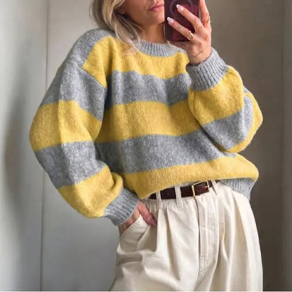 🍟Retro Color Block Stripe Sweater, Oversized Knit Top