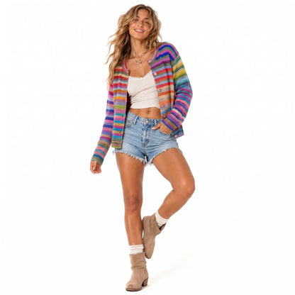 2026 Women's Rainbow Stripe Knit Cardigan, Fluffy
