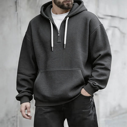 🍟Men’s Waffle Knit Half Zip Hoodie Oversized Pullover, Kangaroo Pocket