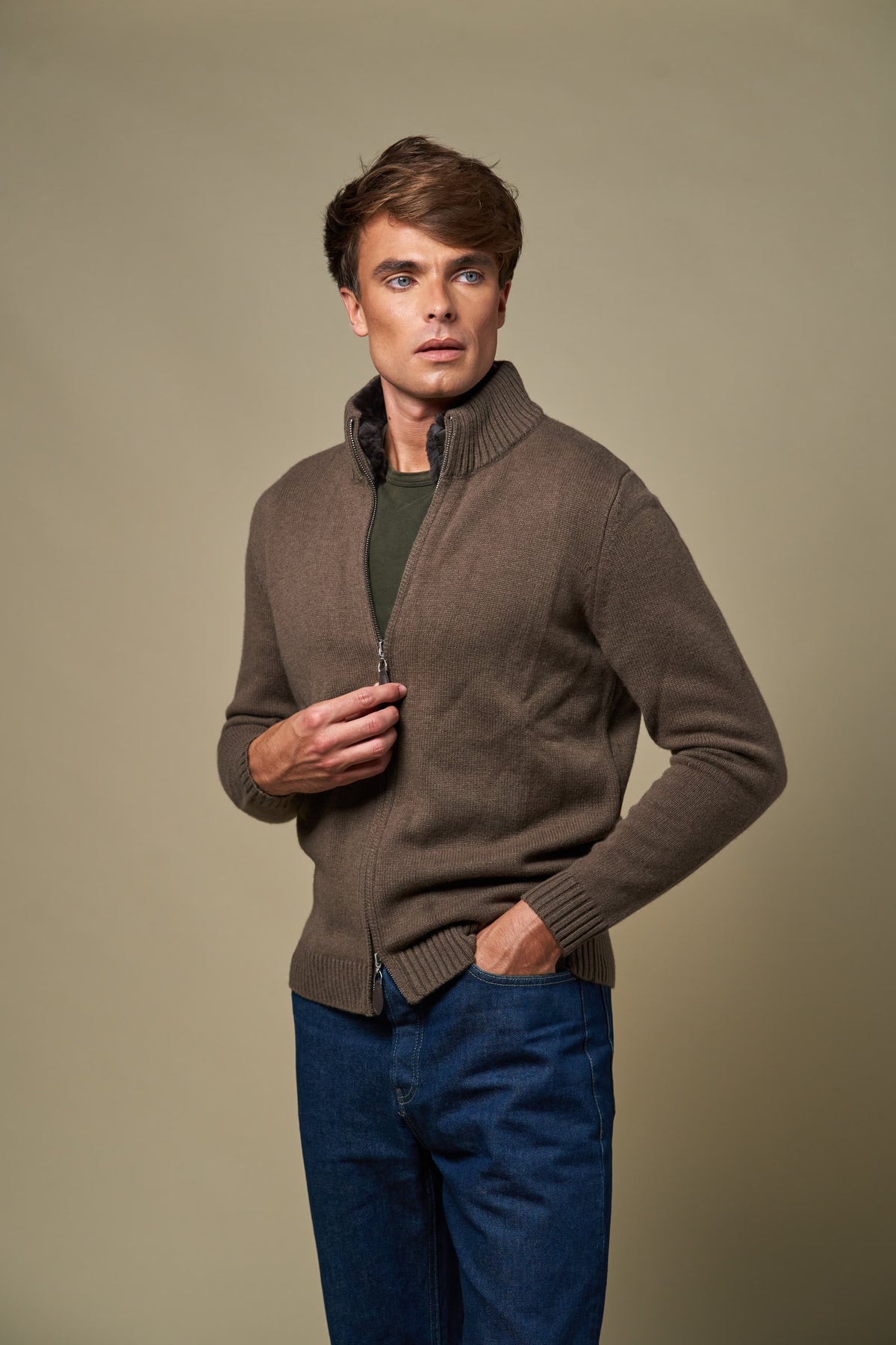 👻Genuine Fur Collar Cardigan | Tobacco