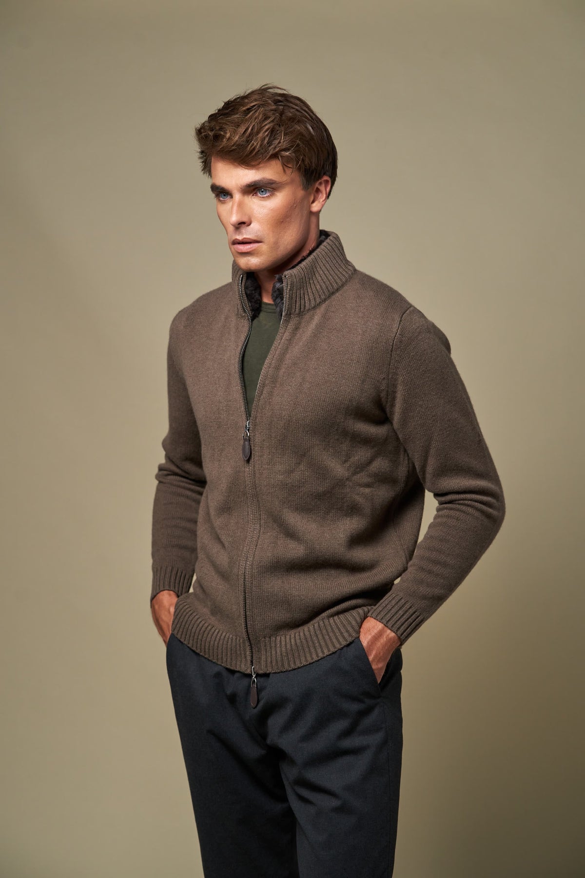 👻Genuine Fur Collar Cardigan | Tobacco