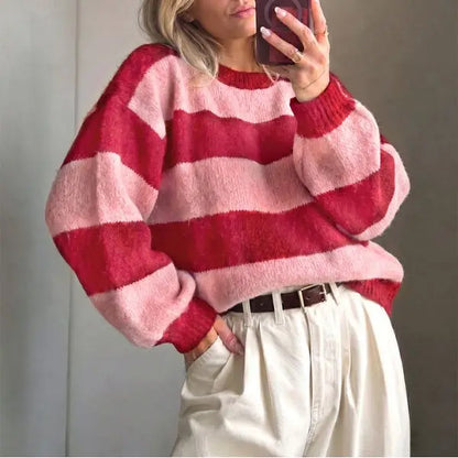 🍟Retro Color Block Stripe Sweater, Oversized Knit Top