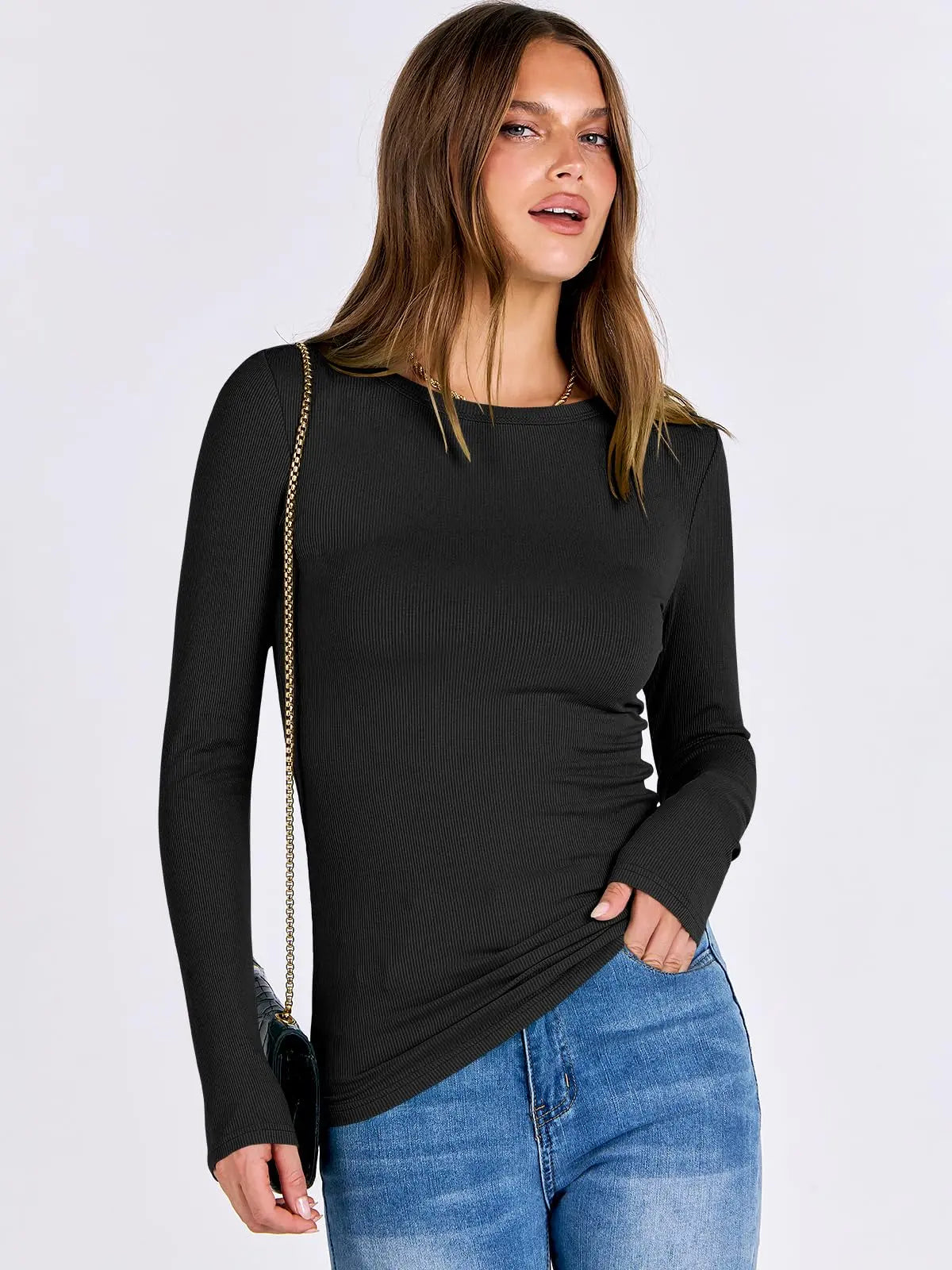 Women Slim Fit Long Sleeve Crewneck Rib Knit T-Shirt Black