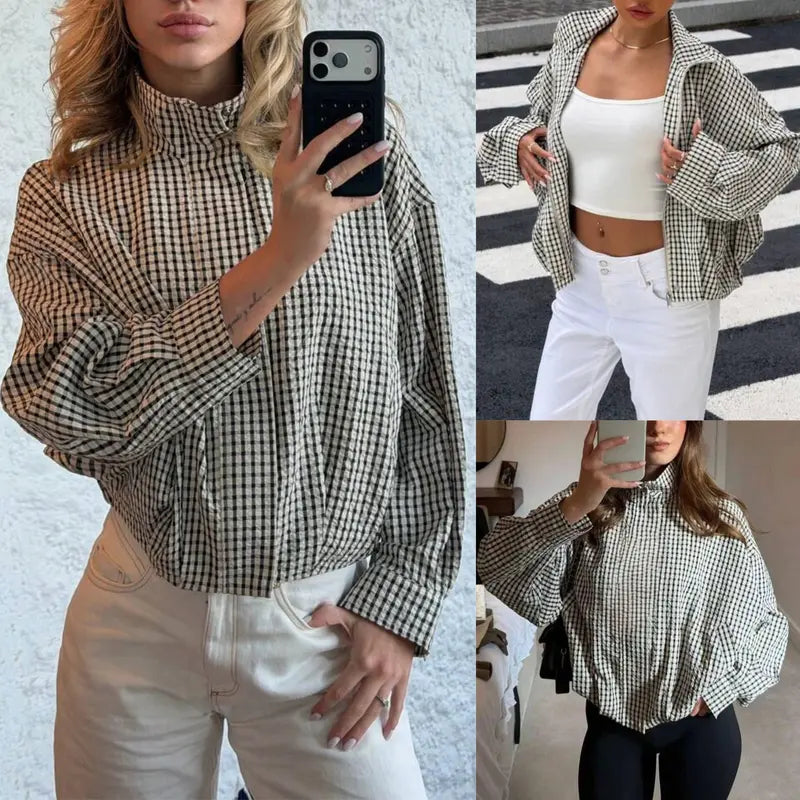Women's Gingham Plaid Cropped Zip Jacket