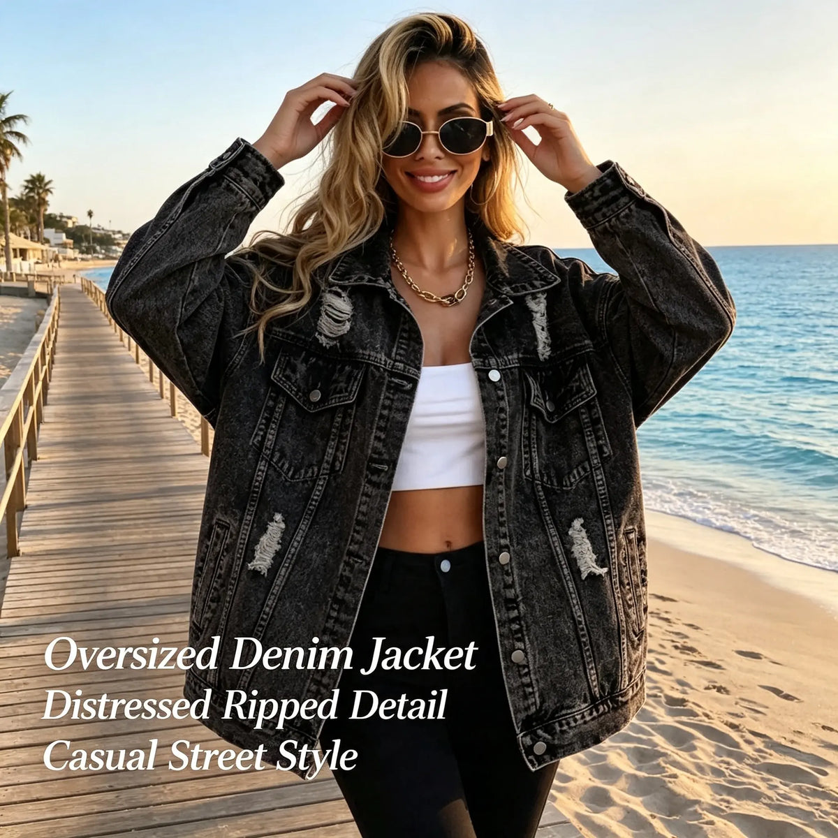 🍟Distressed Denim Jacket for Women, Blue