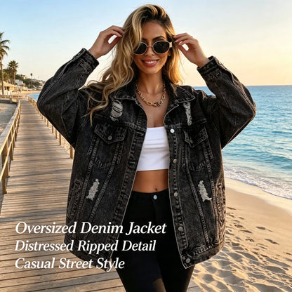 🍟Distressed Denim Jacket for Women, Blue