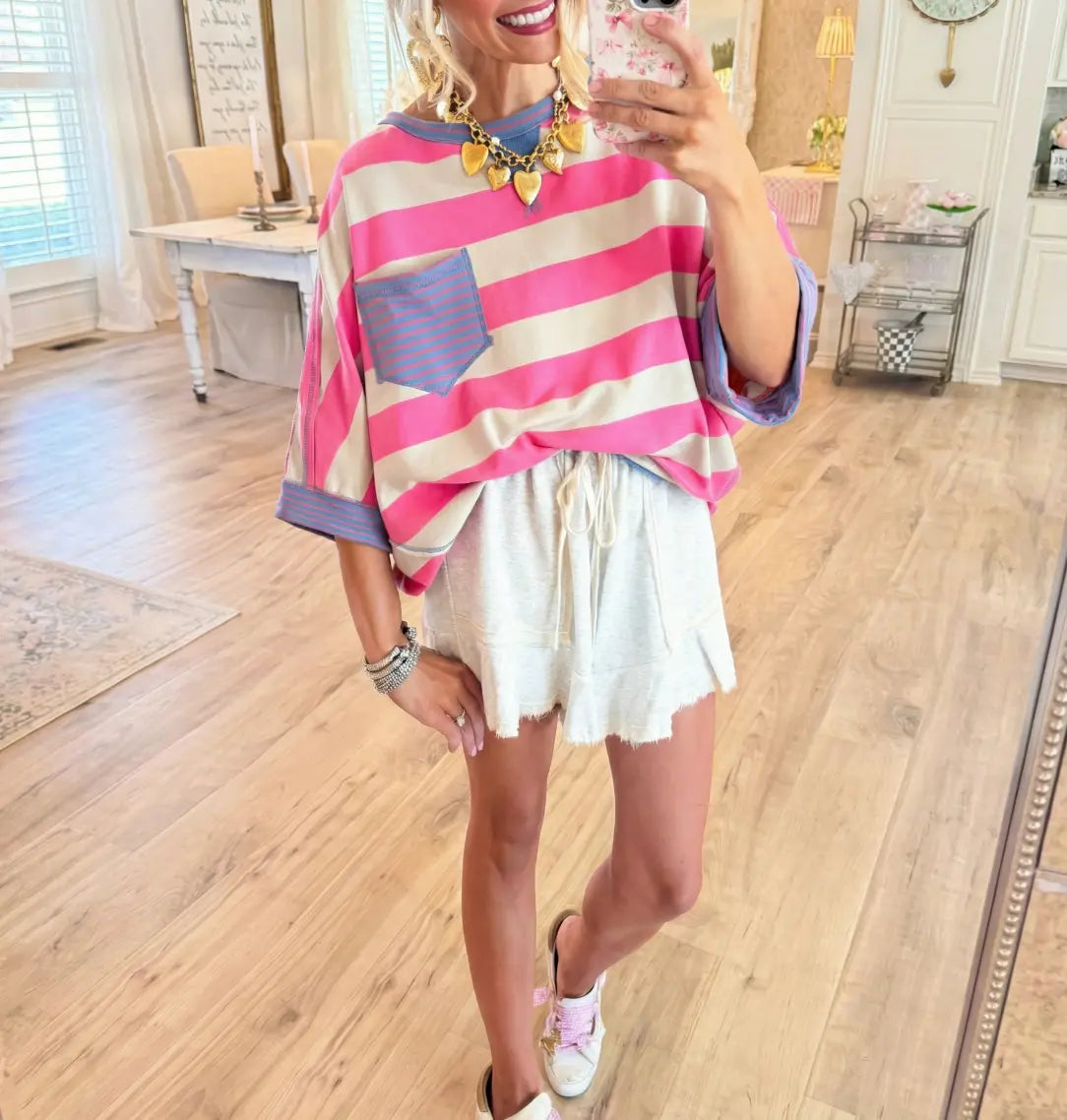 🍟Women's Cotton Striped Oversize Pocket Top