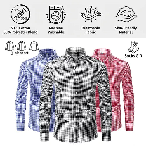 👻Men's Plaid Long Sleeve Button Shirt 3PCS
