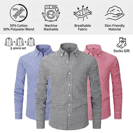 👻Men's Plaid Long Sleeve Button Shirt 3PCS