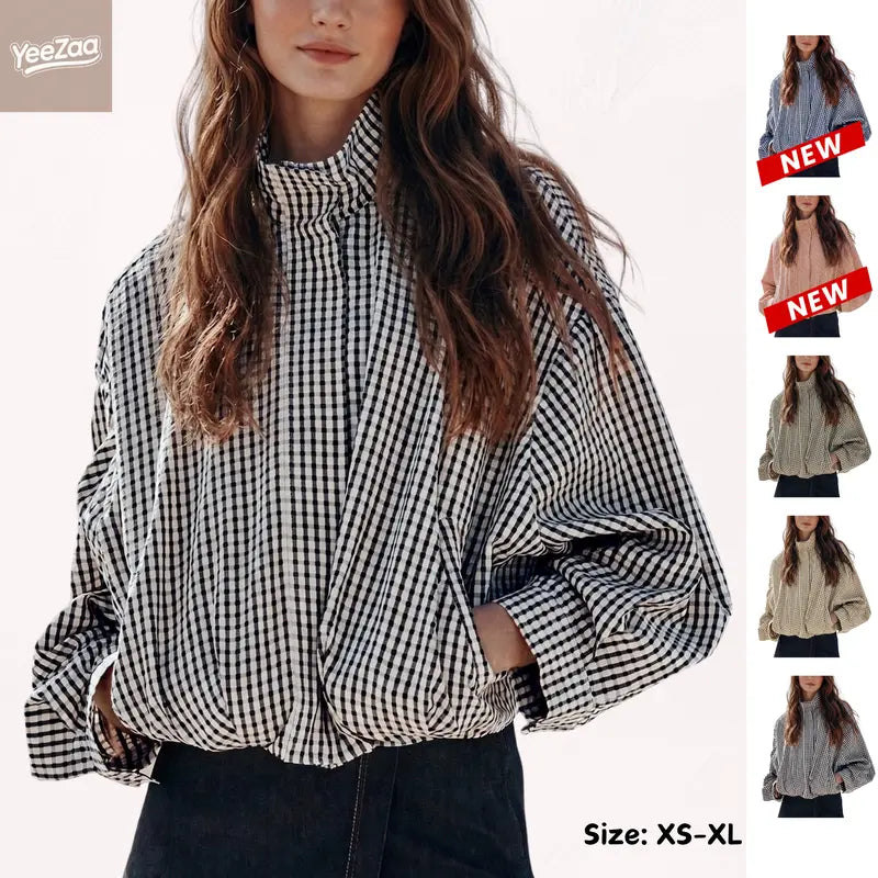 Women's Gingham Plaid Cropped Zip Jacket