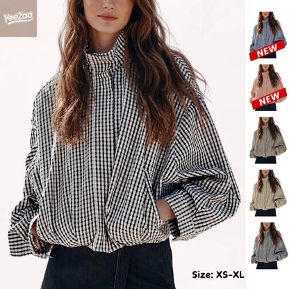 Women's Gingham Plaid Cropped Zip Jacket