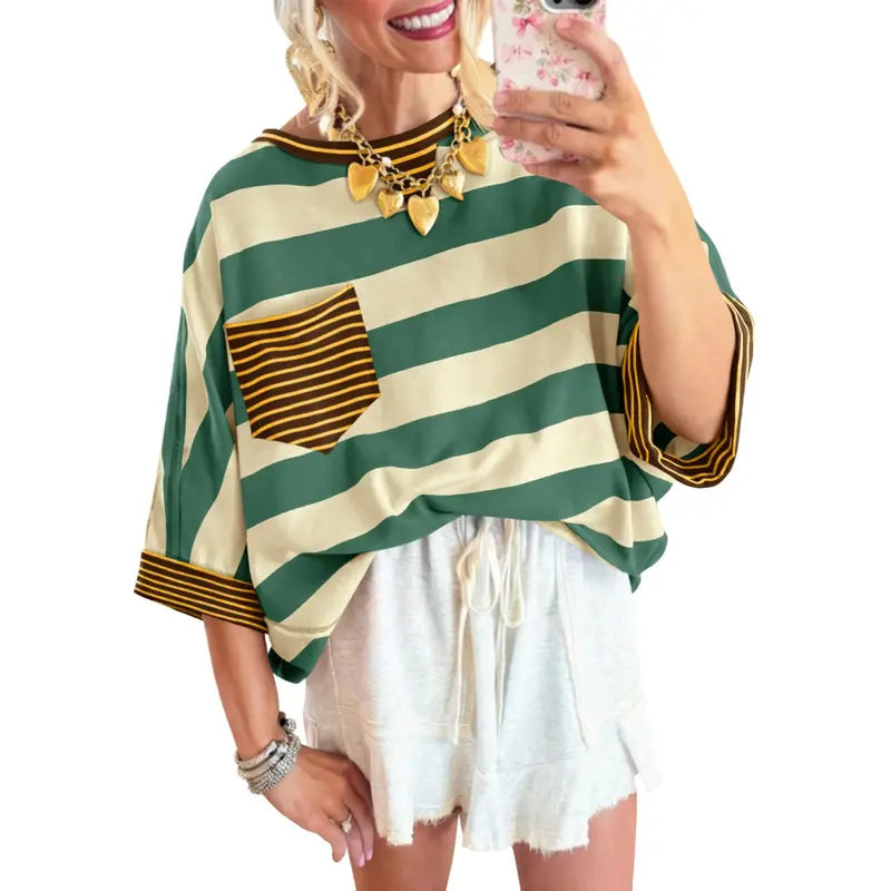 🍟Women's Cotton Striped Oversize Pocket Top