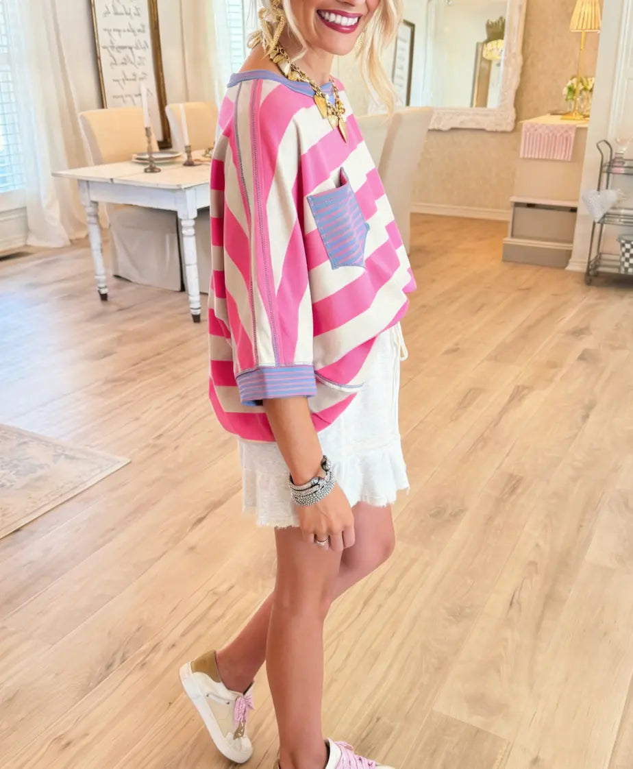 🍟Women's Cotton Striped Oversize Pocket Top