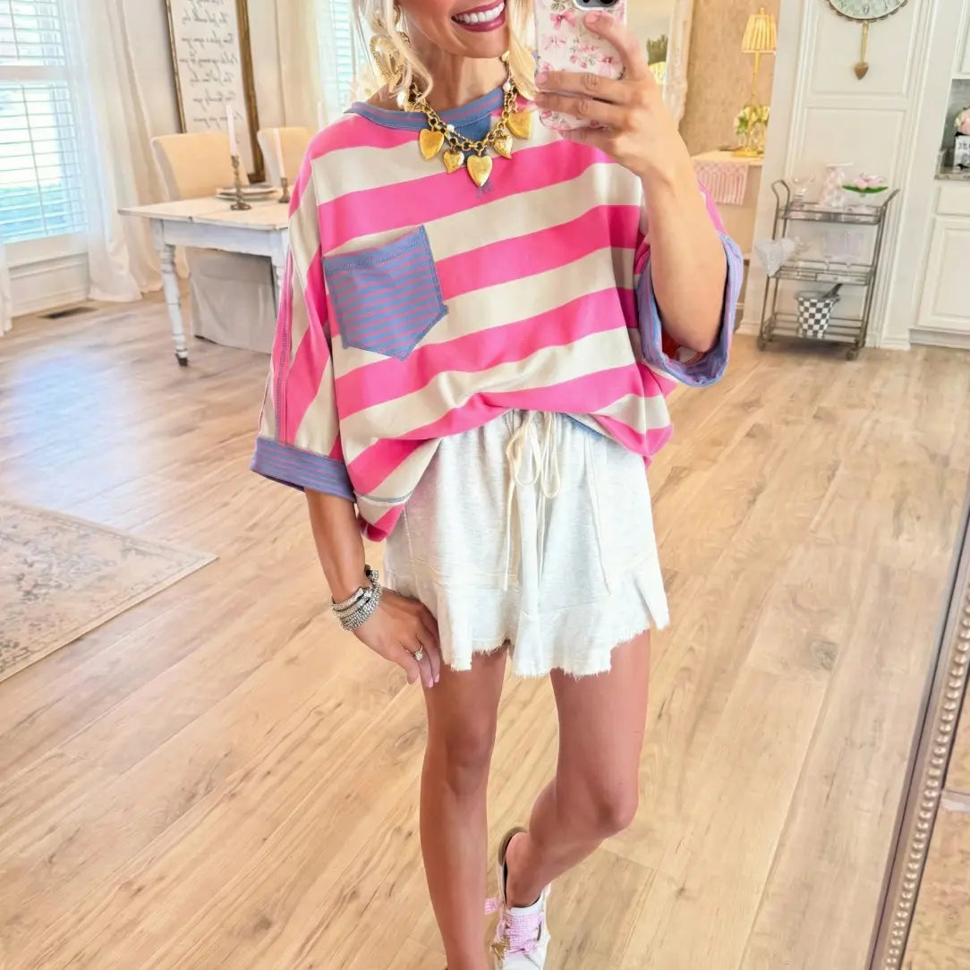 🍟Women's Cotton Striped Oversize Pocket Top