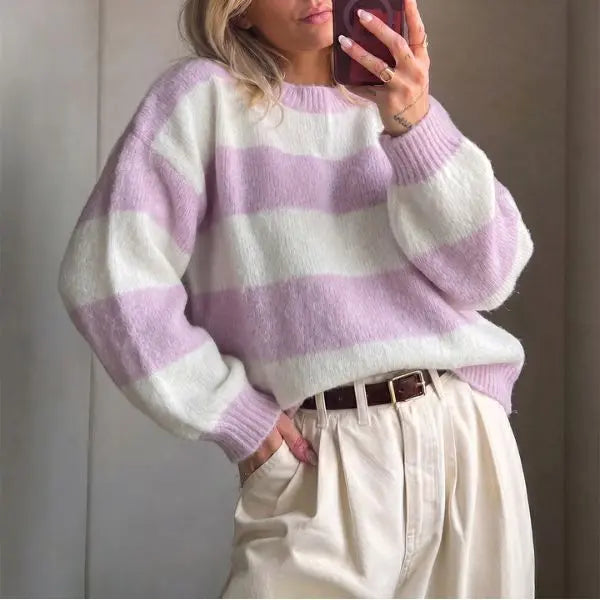 🍟Retro Color Block Stripe Sweater, Oversized Knit Top