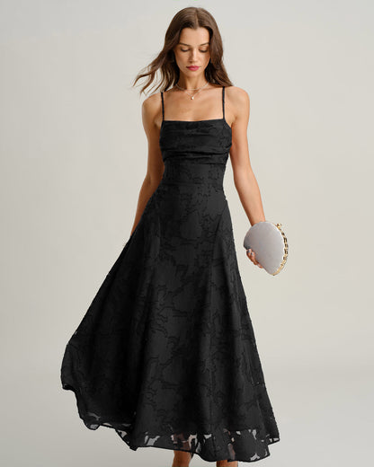 😀Black Jacquard Slip Maxi Dress