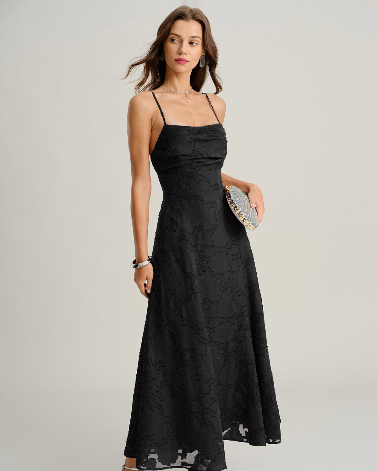 😀Black Jacquard Slip Maxi Dress
