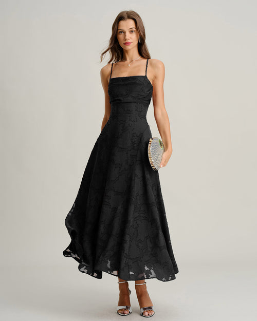 😀Black Jacquard Slip Maxi Dress